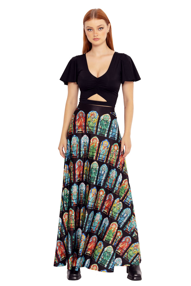 Elder Scrolls fashion maxi skirt featuring Nine Divines stained glass design inspired by Cyrodiil and ESO clothing
