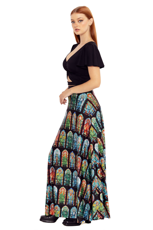 The Elder Scrolls Online fashion inspired maxi skirt with divine stained glass print and Cyrodiil temple aesthetic
