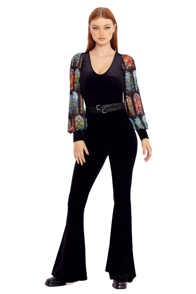 Elder Scrolls clothing bodysuit inspired by Cyrodiil shrines with stained glass sleeve print and fitted velvet body