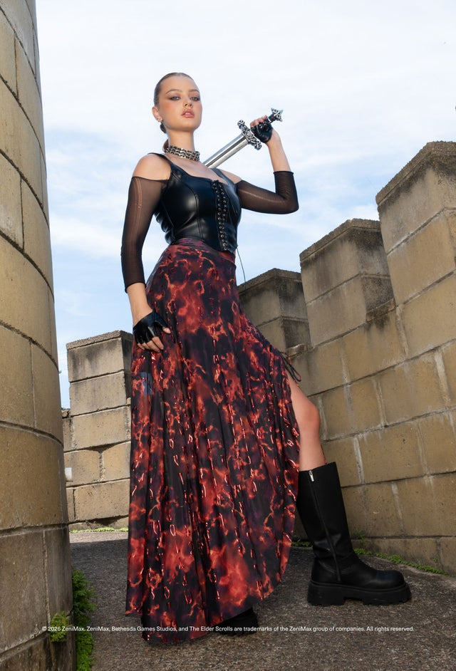 The Elder Scrolls fashion skirt inspired by Oblivion gates with sheer mesh layers and Daedric script print