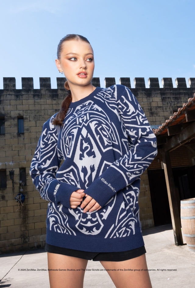 The Elder Scrolls Skyrim Imperial oversized knit sweater with long sleeves, crew neckline and all over Imperial crest pattern