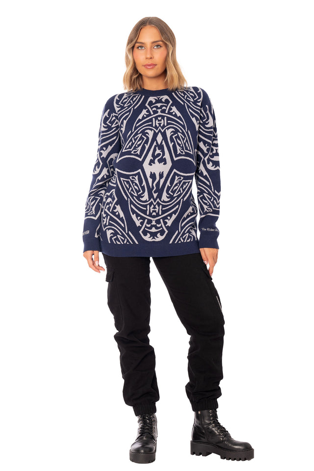 The Elder Scrolls Online clothing inspired knit sweater with Imperial sigil artwork and relaxed oversized silhouette