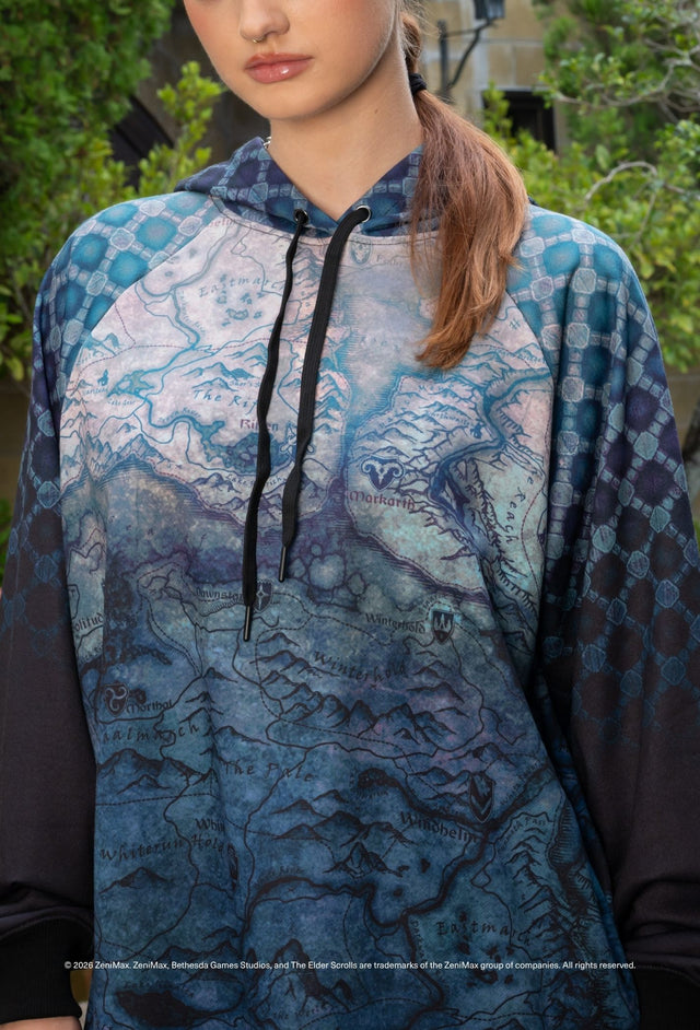 The Elder Scrolls Skyrim map oversized hoodie with detailed Tamriel cartography print, drawstring hood and relaxed fit