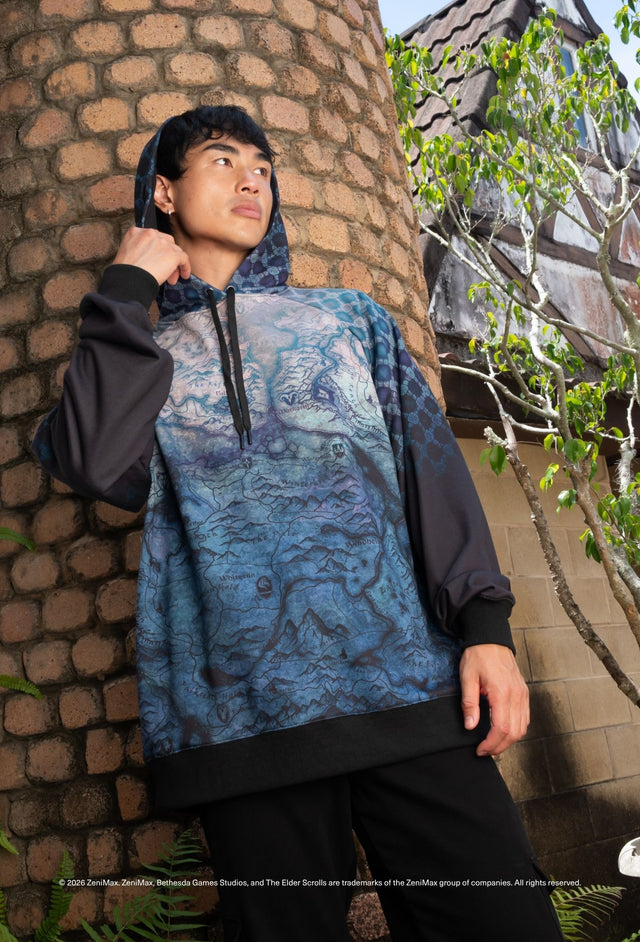 Elder Scrolls apparel hoodie with long sleeves, ribbed cuffs and detailed Skyrim map graphic inspired by Tamriel