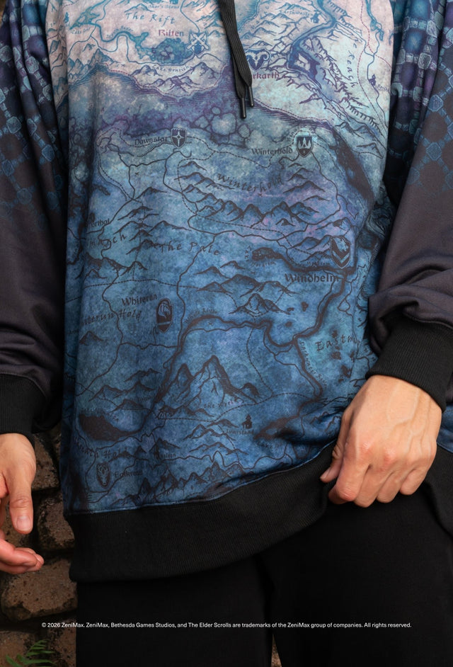 The Elder Scrolls clothing piece with oversized hoodie fit, soft fabric, hood and all over Skyrim map print