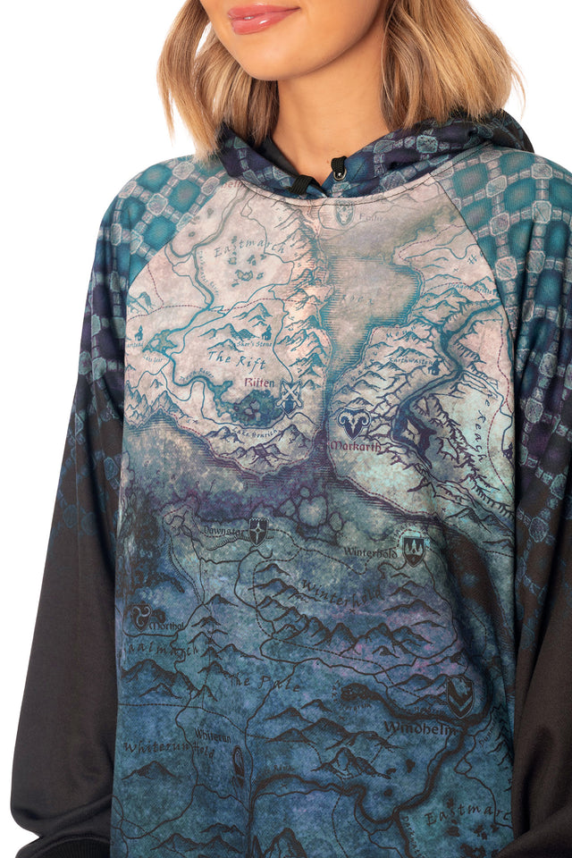 Elder Scrolls clothing oversized hoodie inspired by Skyrim map with detailed print, hood and relaxed silhouette