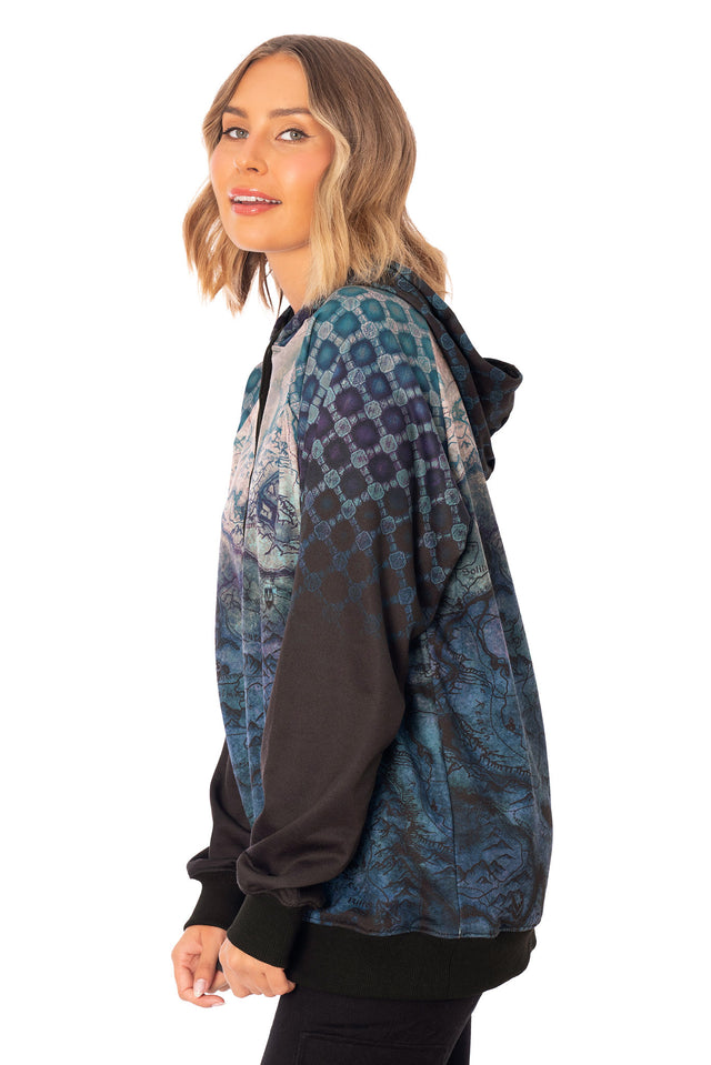 Elder Scrolls apparel hoodie with hood, oversized fit and Skyrim map artwork across front and sleeves