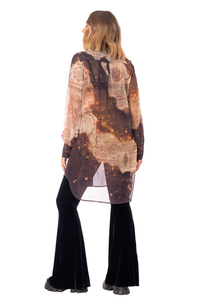Elder Scrolls clothing sheer button front shirt dress with long sleeves, lightweight fabric and arcane script print