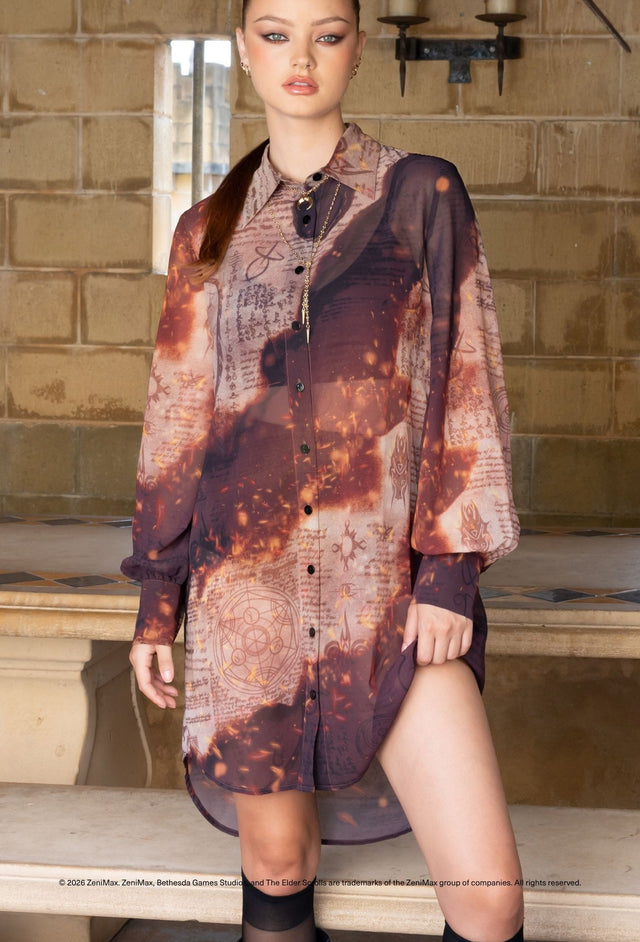 The Elder Scrolls Online inspired sheer shirt dress with relaxed fit, collared neckline and mystical script print