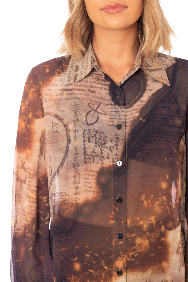 Elder Scrolls apparel sheer long sleeve dress with button up front, curved hem and mystical scribble artwork