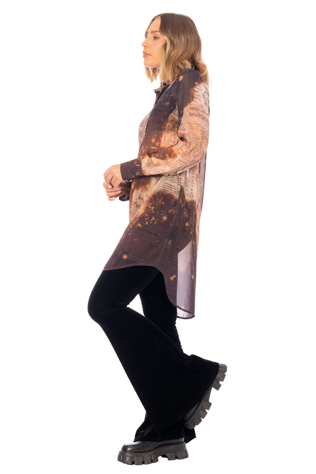 The Elder Scrolls fashion piece featuring sheer shirt dress with collar, button closure and smouldering parchment style print