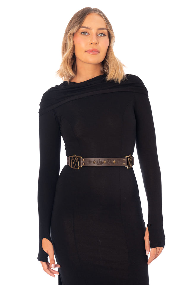 Elder Scrolls clothing accessory belt with adjustable strap holes, metal buckle, stud hardware and dangling charm feature