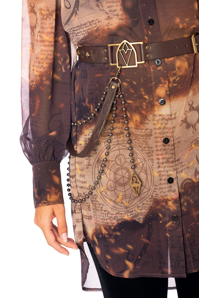 Elder Scrolls apparel belt with adjustable fit, metal buckle closure, rivet details and chain attachments with pendant charm