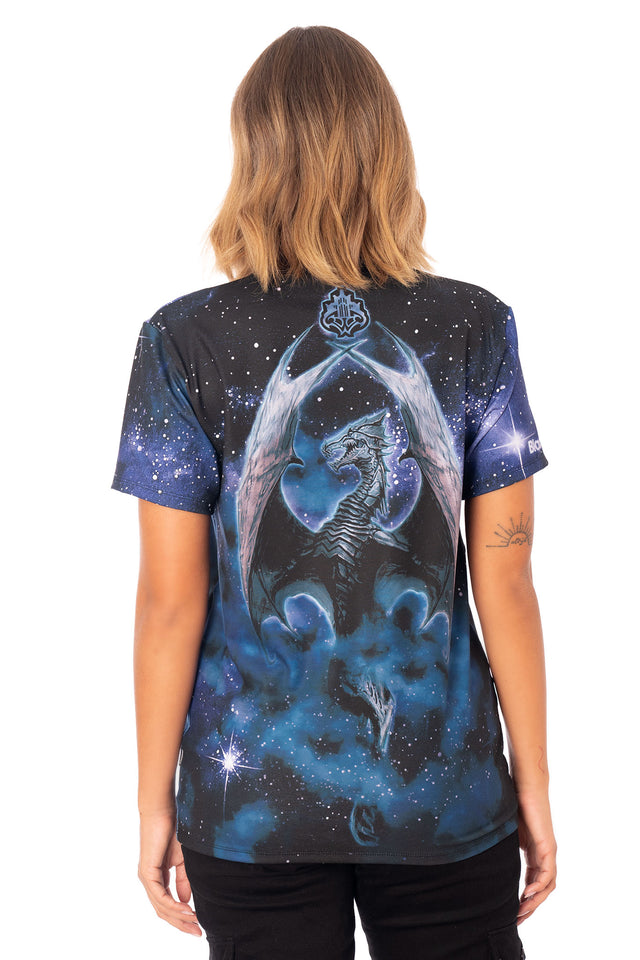 The Elder Scrolls clothing piece with boyfriend tee fit, soft fabric, crew neckline and Skyrim dragon print design