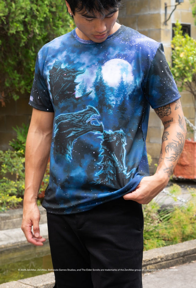 Elder Scrolls apparel t shirt with crew neck, relaxed boyfriend fit and Skyrim dragon print under night sky design