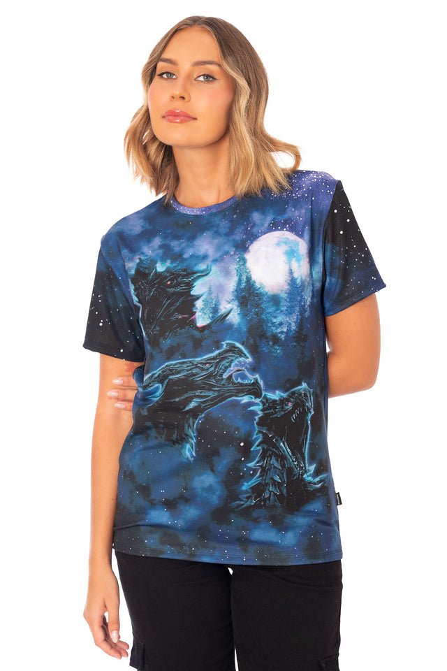 The Elder Scrolls World Eater boyfriend tee with crew neckline, short sleeves and Alduin dragon print under moonlit Skyrim scene