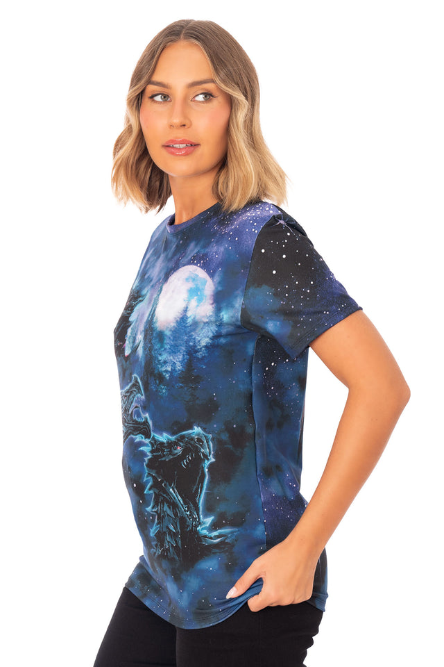 Elder Scrolls apparel tee with short sleeves, crew neck collar and Alduin dragon graphic inspired by Skyrim lore