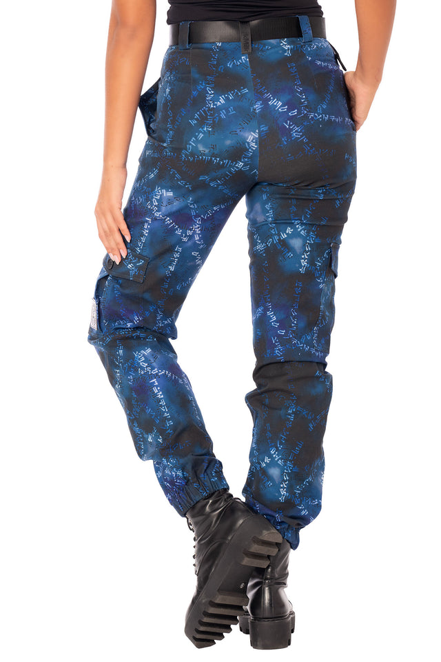 Elder Scrolls clothing cargo pants inspired by Skyrim Dragonborn with ancient rune pattern and utility design