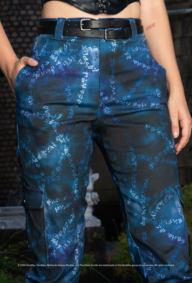 Elder Scrolls apparel cargo pants with rune print inspired by Skyrim shouts and structured relaxed fit