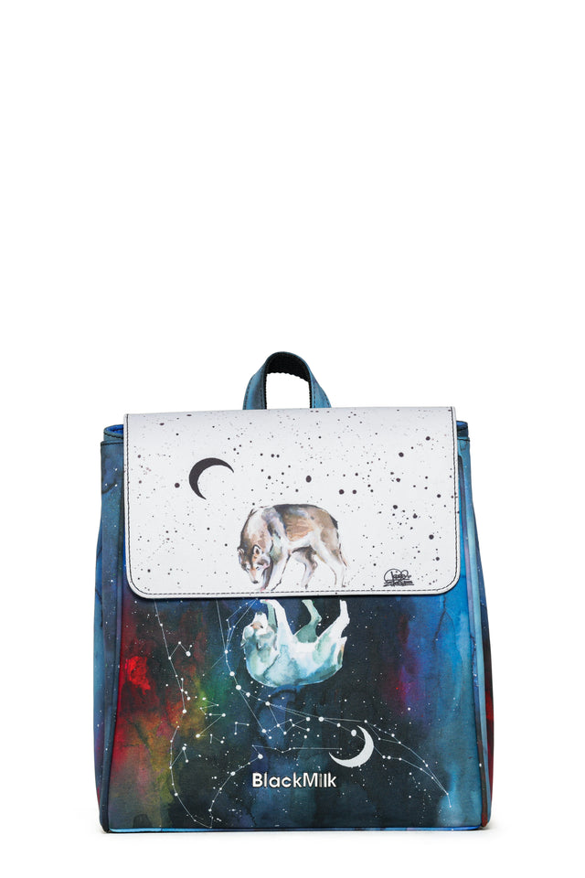 Backpack with wolf design and 'Black Milk' branding on a white background