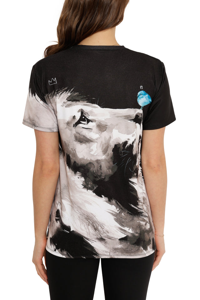 Person wearing a black t-shirt with a graphic design of a horse's face on a white background