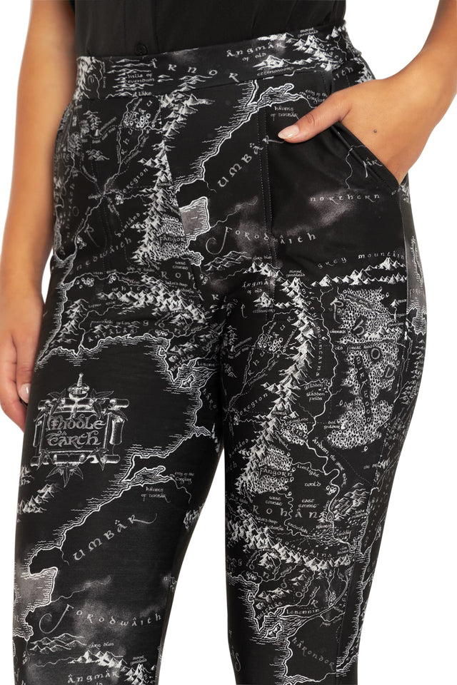 BlackMilk Clothing x Warner Brothers Lord of the Rings - The Lord Of The Rings Black Middle earth Map Cuffed Pants - Warner Bros. Merchandise - Collaboration apparel - Licenced.