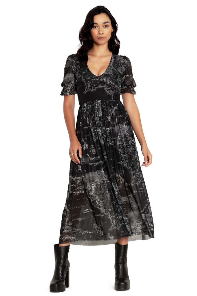 The Lord Of The Rings Black Middle earth Map Midaxi Dress Front