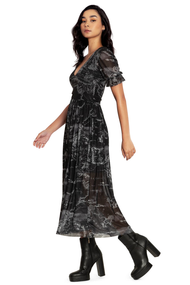 BlackMilk Clothing x Warner Brothers Lord of the Rings - The Lord Of The Rings Black Middle earth Map Midaxi Dress - Warner Bros. Merchandise - Collaboration apparel - Licenced.