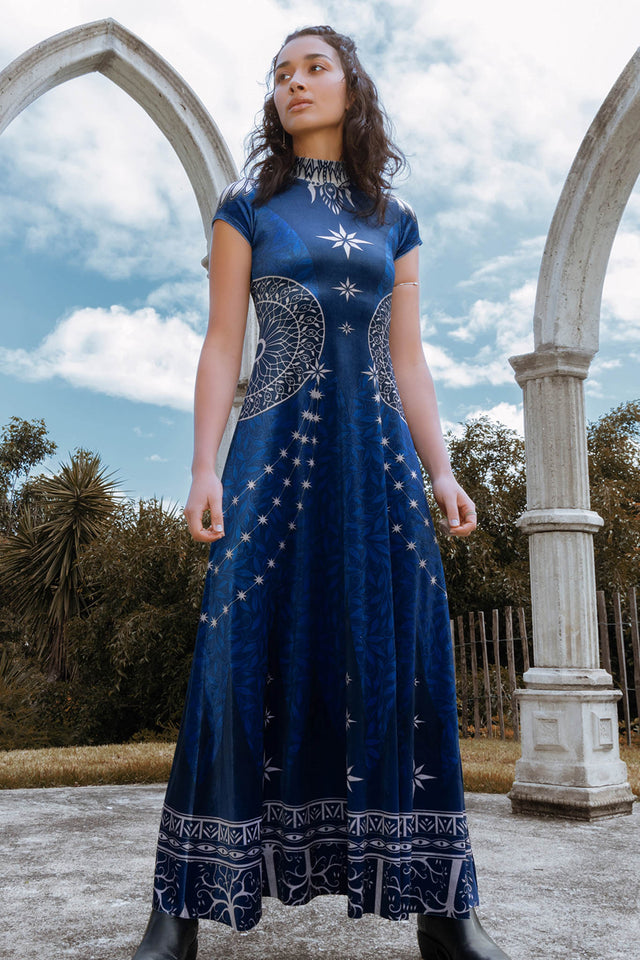 King Of Gondor Velvet High Neck Cap Sleeve Maxi Dress-BlackMilk