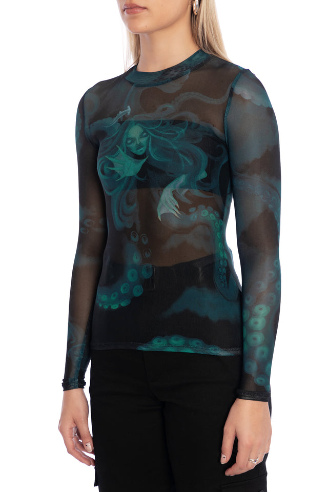 The Mermaid Cometh Sheer High Neck Long Sleeve Top