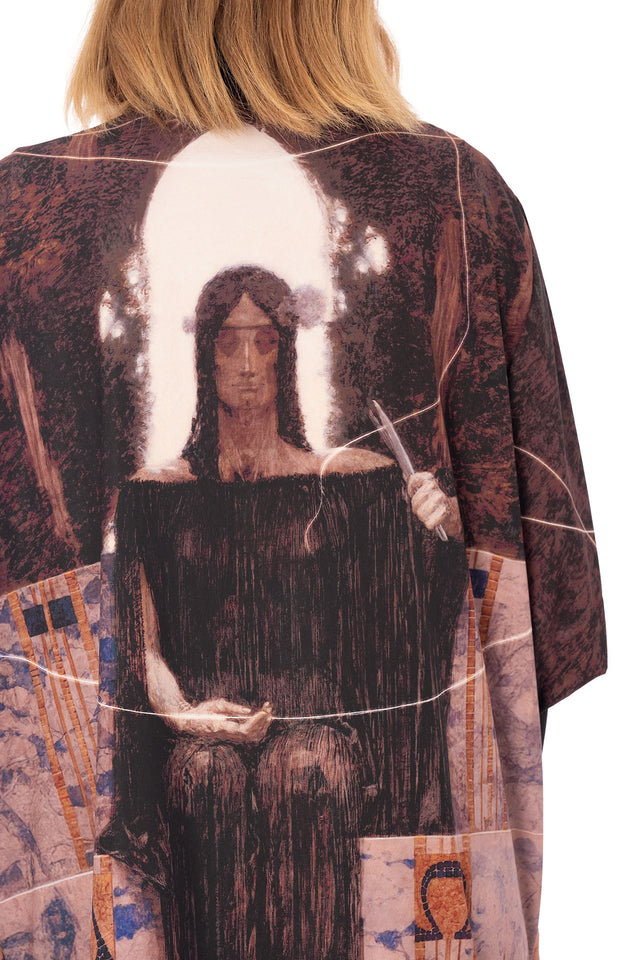 The Three Fates Robe front studio image showing full length drape and detailed mythological print