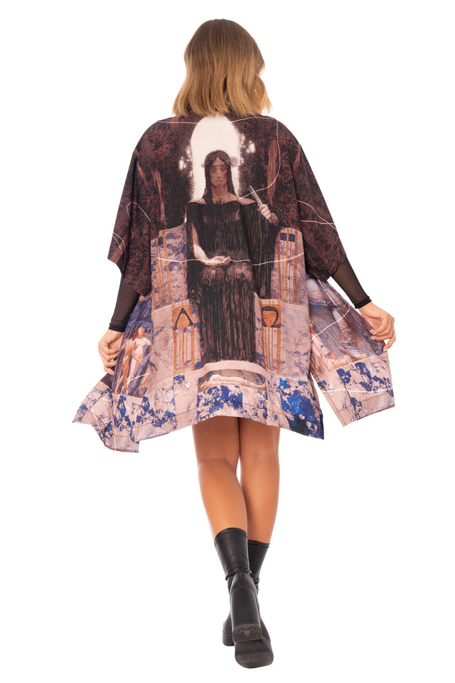 The Three Fates Robe front view showing flowing robe with mythology inspired print and relaxed open silhouette
