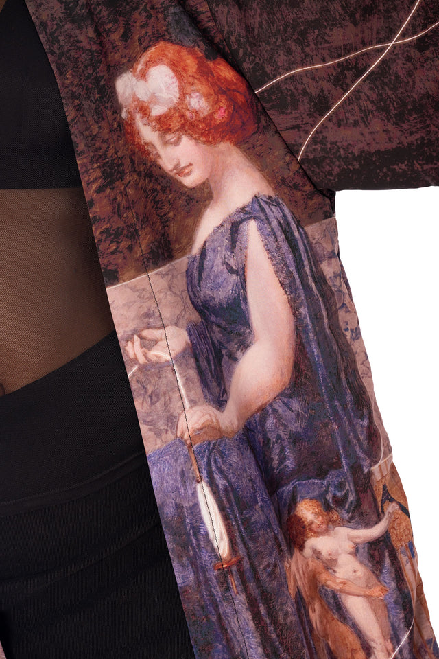 Greek mythology inspired robe with flowing silhouette and statement Three Fates artwork
