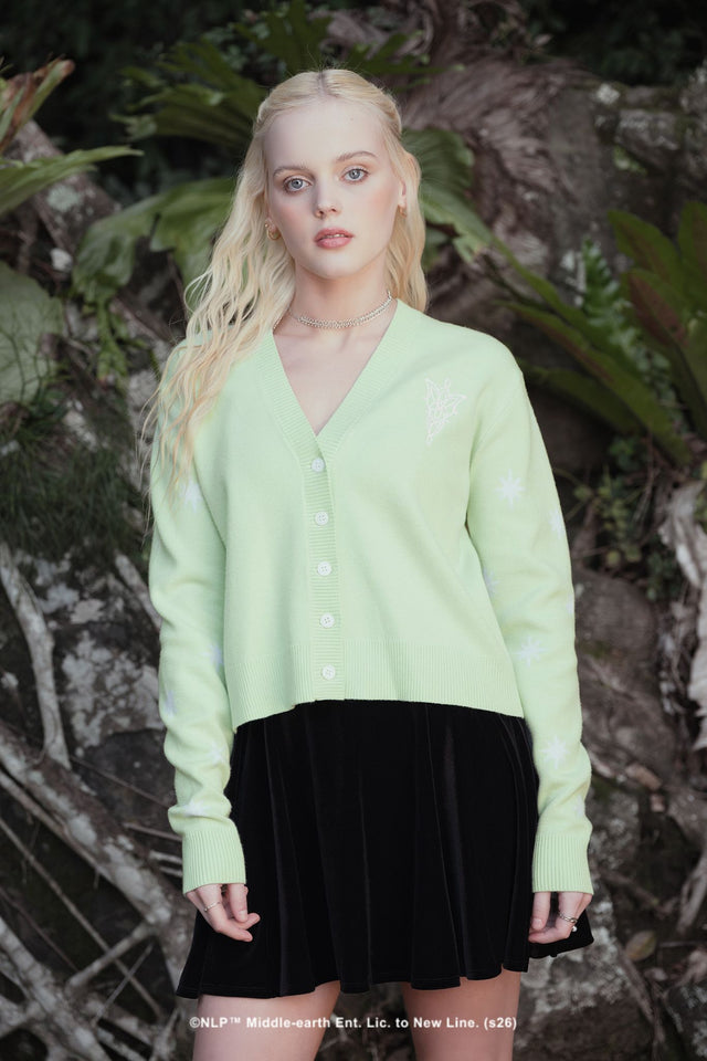 BlackMilk x The Lord of the Rings Fit For A Queen Knit Cardigan in pale sage green, an Arwen-inspired cropped cardigan blending cottagecore and gothic streetwear.