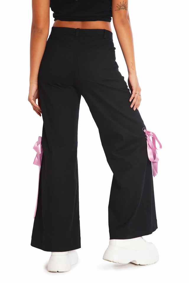 Women's Streetwear Black Cargo Pants With Ribbons