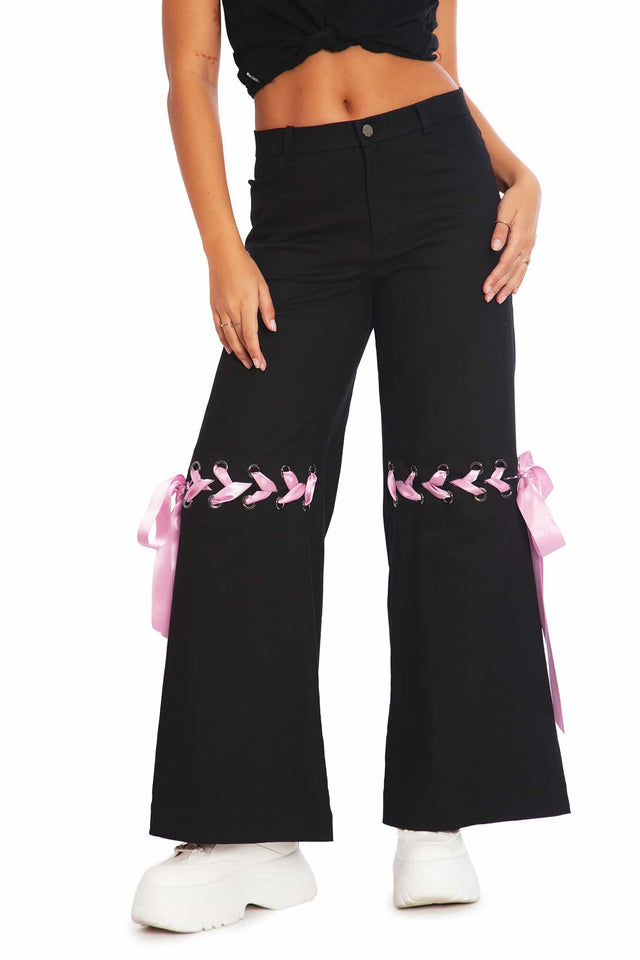 Women's Streetwear Black Cargo Pants With Ribbons