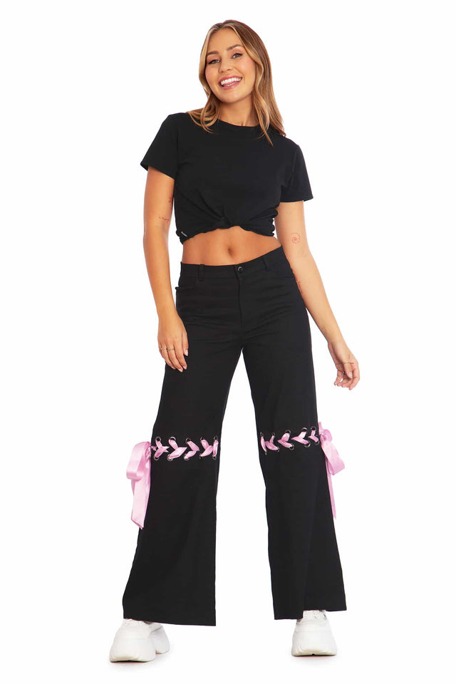 Women's Streetwear Black Cargo Pants With Ribbons