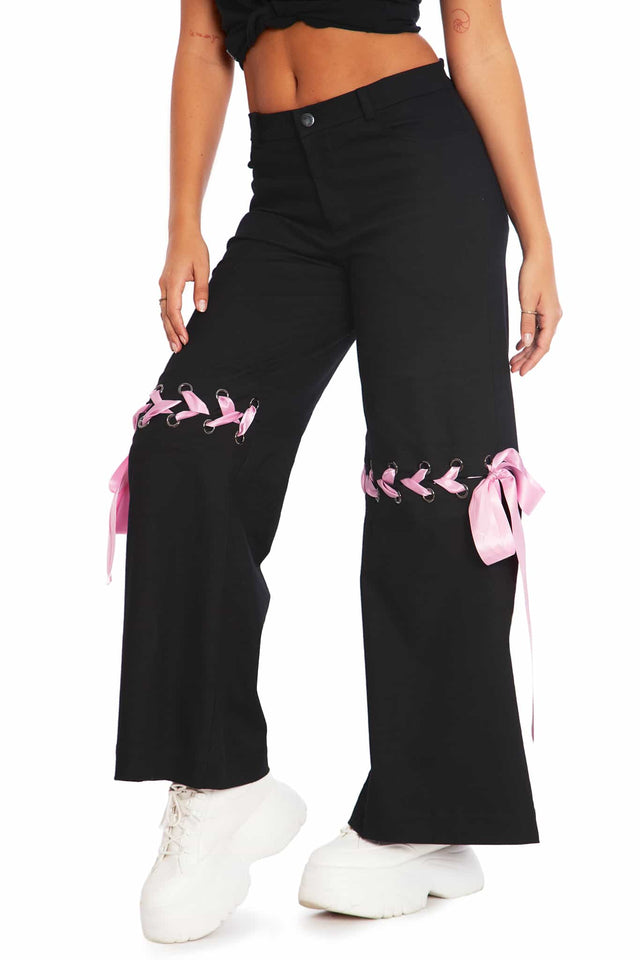 Women's Streetwear Black Cargo Pants With Ribbons