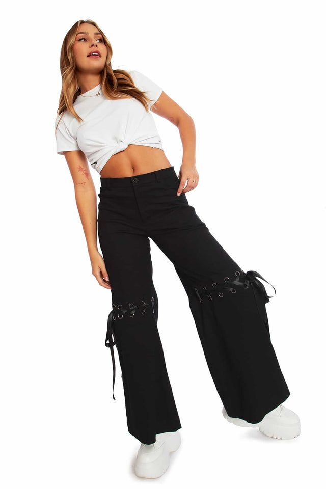 Women's Streetwear Black Cargo Pants With Ribbons