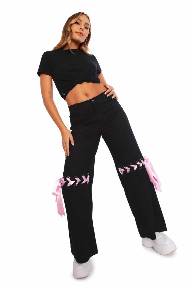 Women's Streetwear Black Cargo Pants With Ribbons