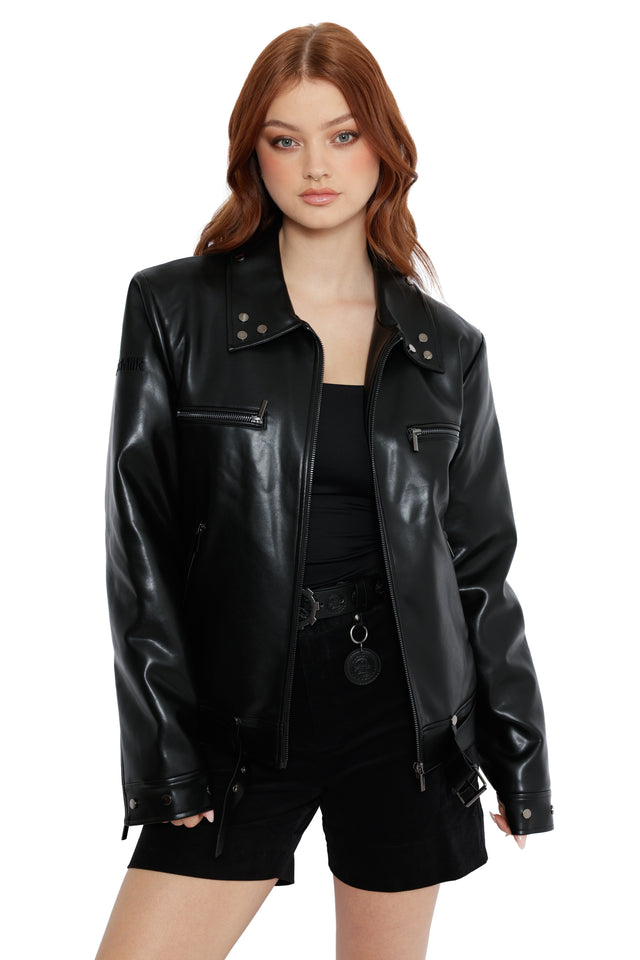 Model wearing Fallout x BlackMilk costume outfit with the Tunnel Snakes Rule Moto Jacket and Vault-Tec inspired clothing.