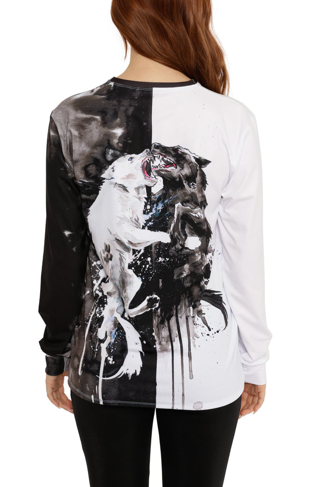 Long-sleeve shirt with a graphic design of two wolves on a white background