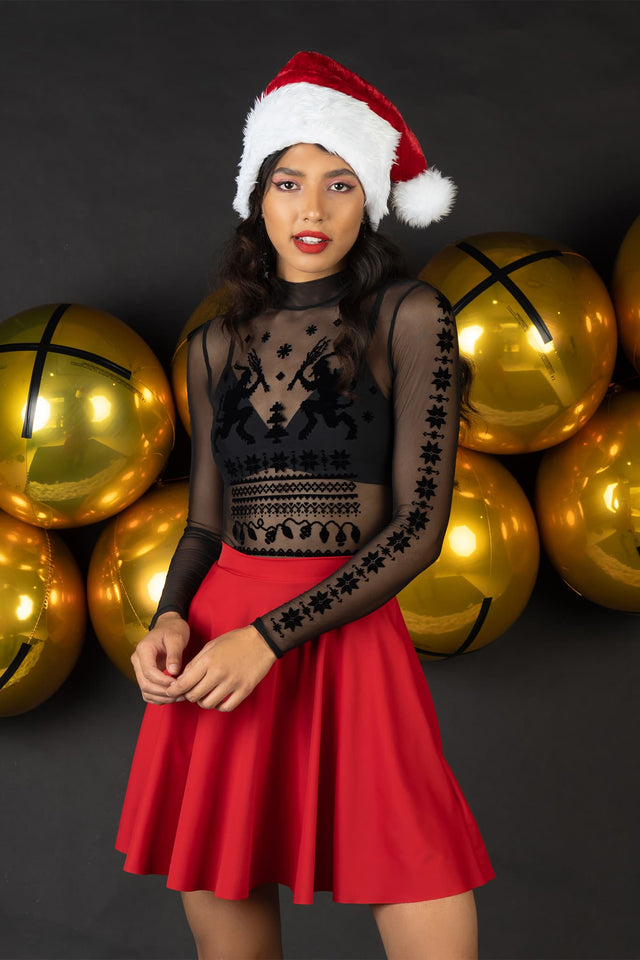 BlackMilk Clothing - Ugly Christmas Sweater Sheer High Neck Long Sleeve Bodysuit