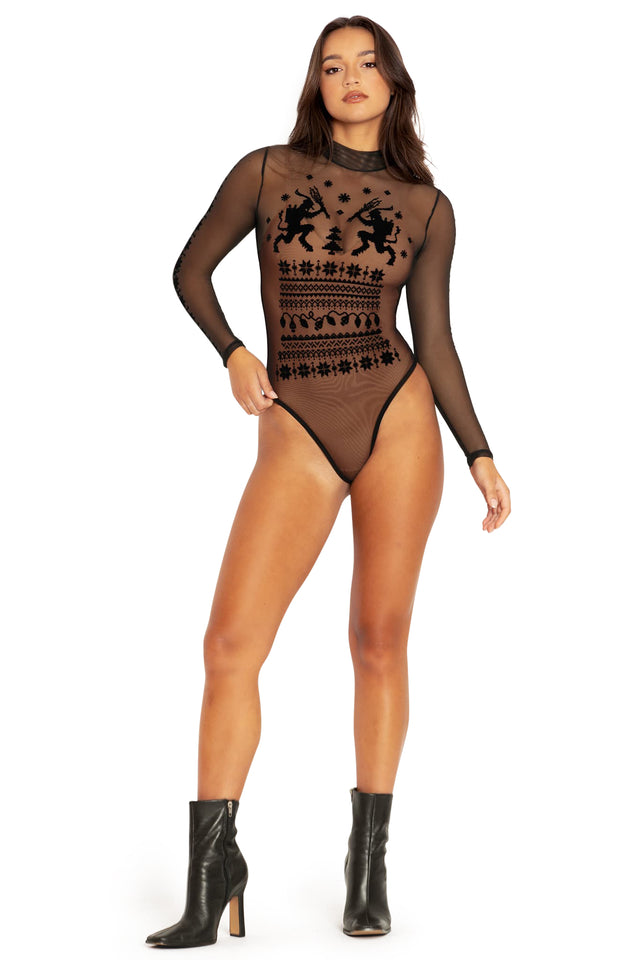 BlackMilk Clothing - Ugly Christmas Sweater Sheer High Neck Long Sleeve Bodysuit