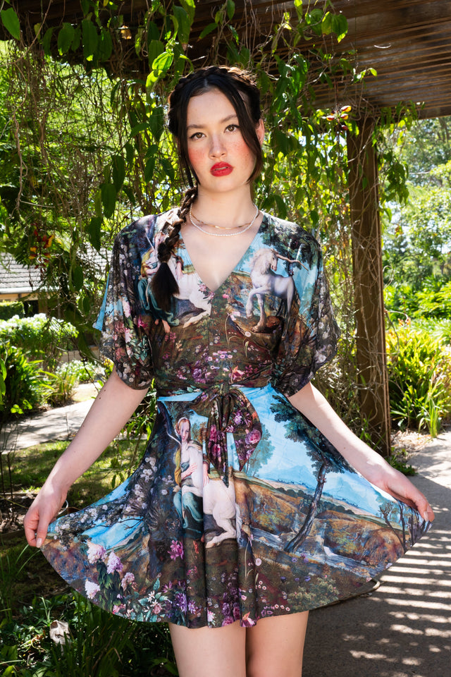 Unicorn Tales Kimono Tie Top front view showing printed tie front top with kimono sleeves and unicorn artwork