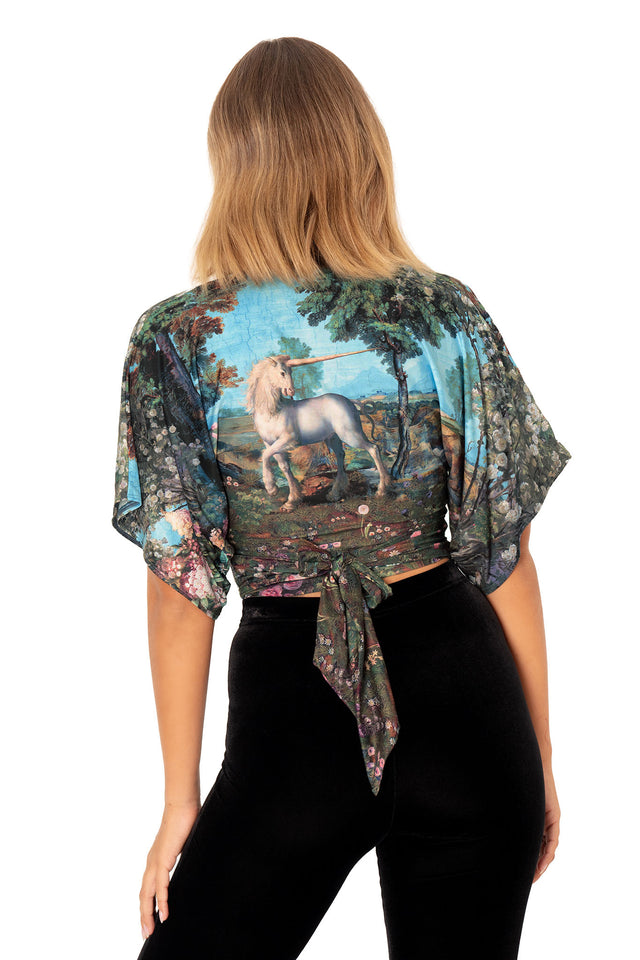 Front product image of Unicorn Tales Kimono Tie Top with wide sleeves and fantasy inspired unicorn artwork