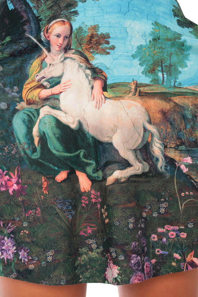 High waisted printed skater skirt with unicorn illustration, pockets and fantasy inspired design