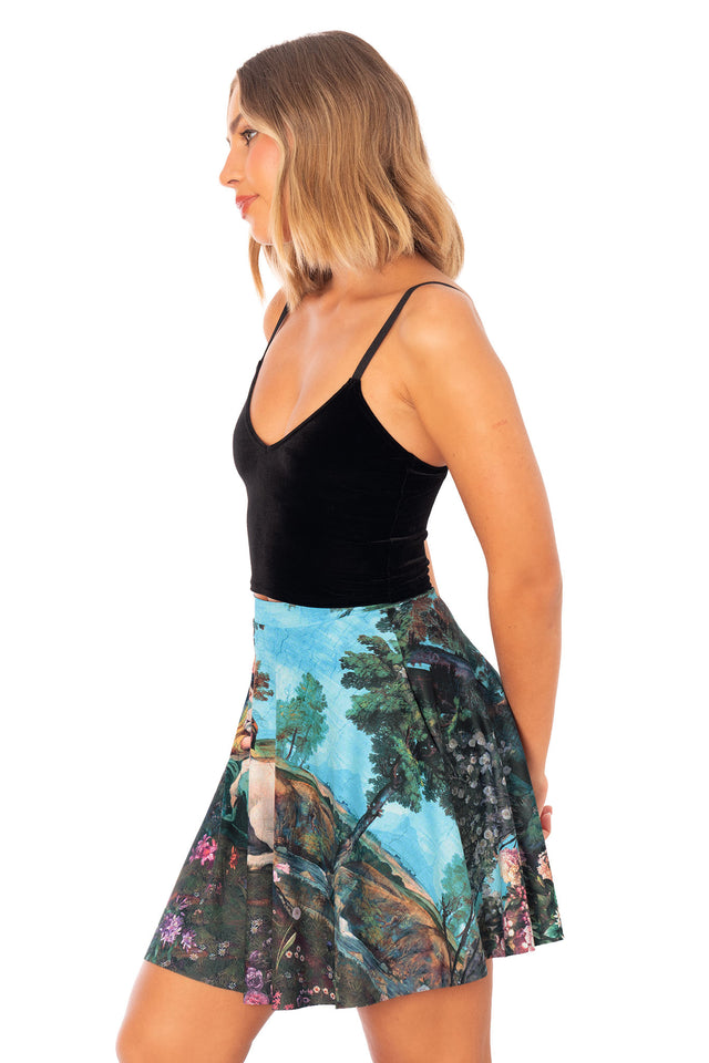 Flared pocket skirt with unicorn artwork and high waist silhouette designed for statement everyday wear