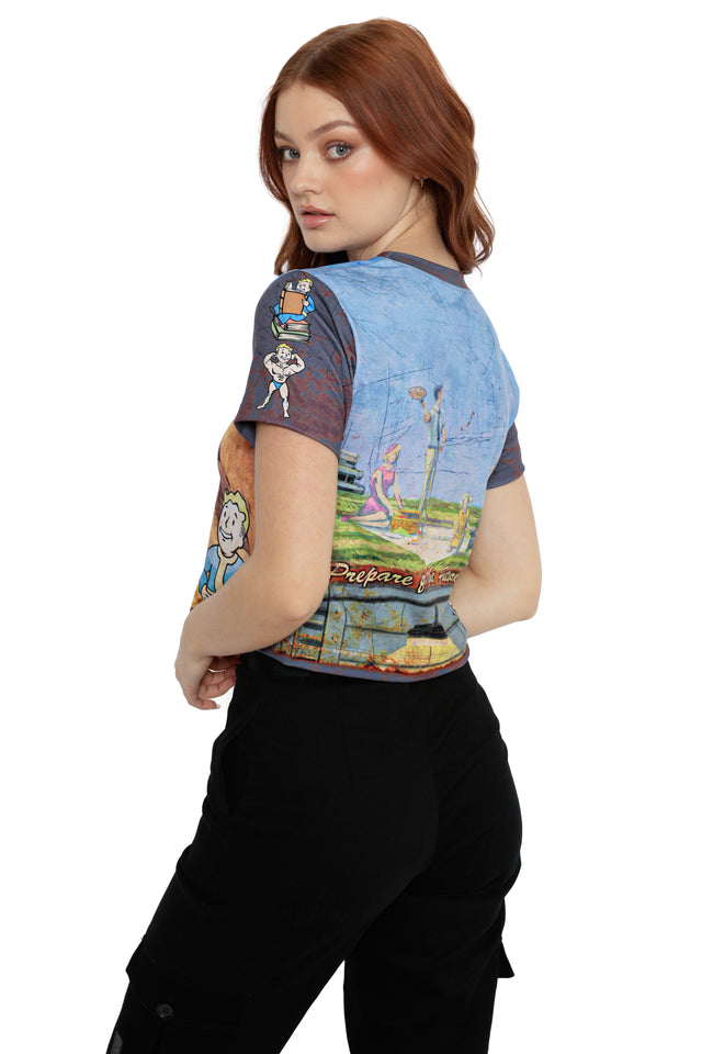 Vault-Tec Lunchbox Baby Tee by Fallout x BlackMilk featuring colourful retro Fallout vault artwork on front.