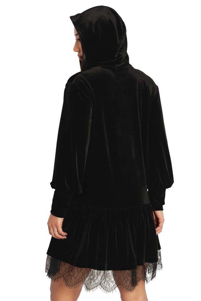 BlackMilk Clothing - Velvet Black Hooded Sweater Dress